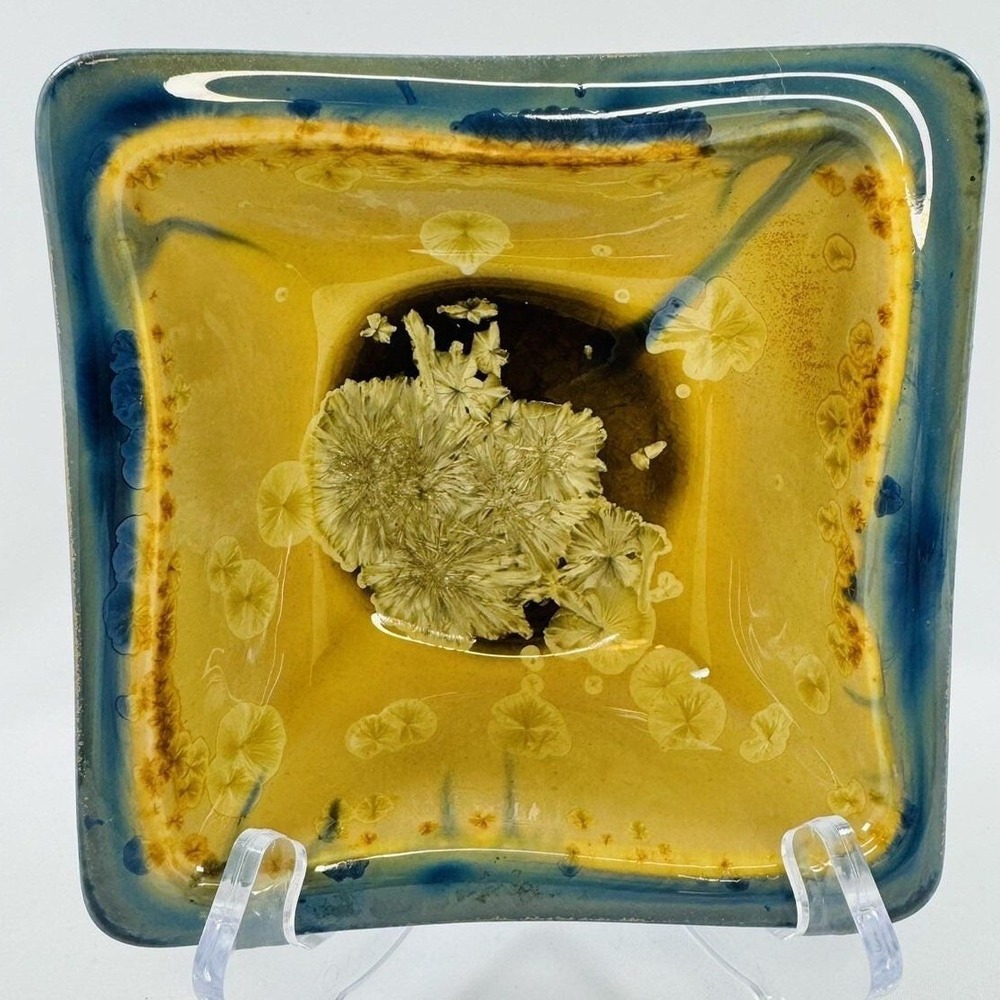 Edgecomb Potters Blue Gold Crystalline Glaze Square Stoneware Bowl Maine Art